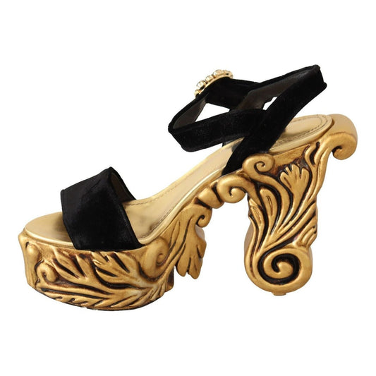 Dolce & Gabbana | Baroque Velvet Heels in Black and Gold| McRichard Designer Brands   