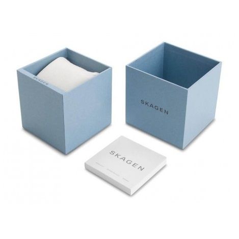Official packaging box for SKAGEN DENMARK Mod. SUNDBY TITANIUM wristwatch in blue color.
