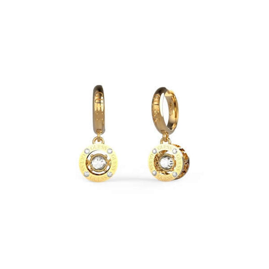 Gold Guess Jewels earrings with sparkling stones, model JUBE01463JWYGT-U, featuring elegant hoop and round pendant design.