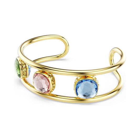 Gold bracelet with colorful Swarovski jewels, model 5705836, featuring blue, pink, and green stones on an elegant curved design.