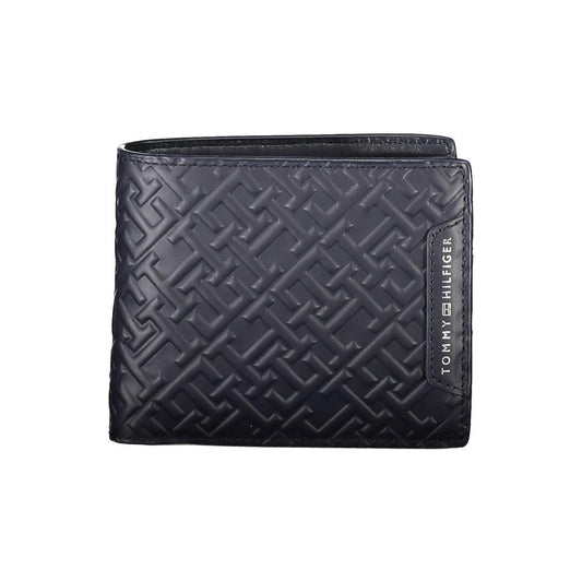 Tommy Hilfiger blue leather men wallet with embossed logo and multiple compartments for cards, coins, and essentials.