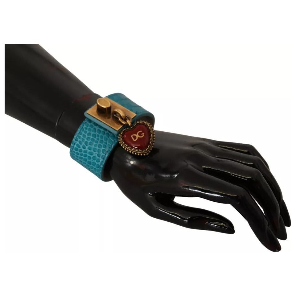 Blue Leather Gold DG Heart Pendant Wide Bracelet Dolce & Gabbana