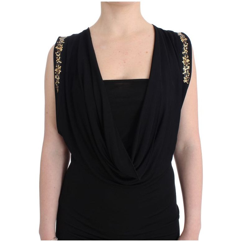 Roccobarocco Elegant Sleeveless Black Mini Dress with Gold Details black-embellished-jersey-mini-sheath-short-dress Dresses