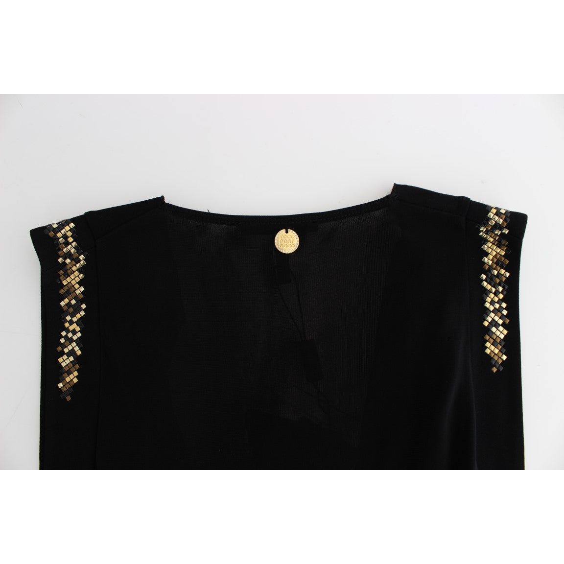 Roccobarocco Elegant Sleeveless Black Mini Dress with Gold Details black-embellished-jersey-mini-sheath-short-dress Dresses