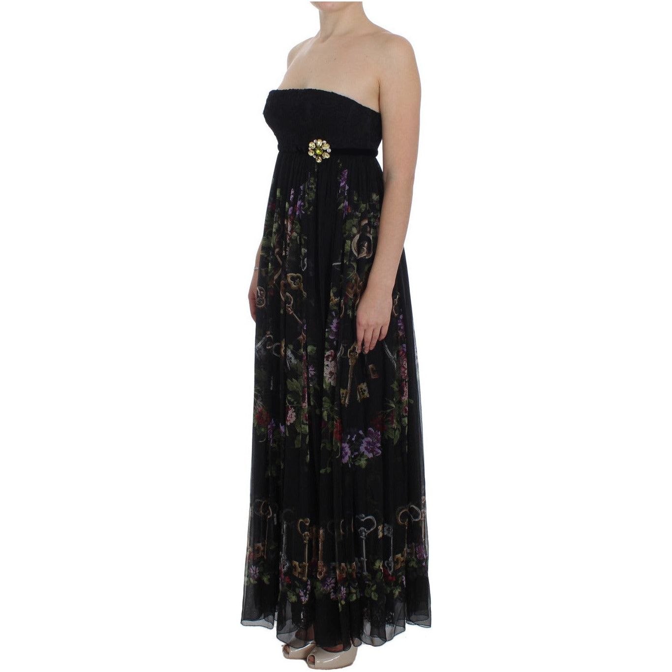 Dolce & Gabbana Multicolor Rose & Key Print Maxi Dress with Crystal black-key-print-silk-crystal-brooch-dress WOMAN DRESSES 180939-black-key-print-silk-crystal-brooch-dress-1.jpg