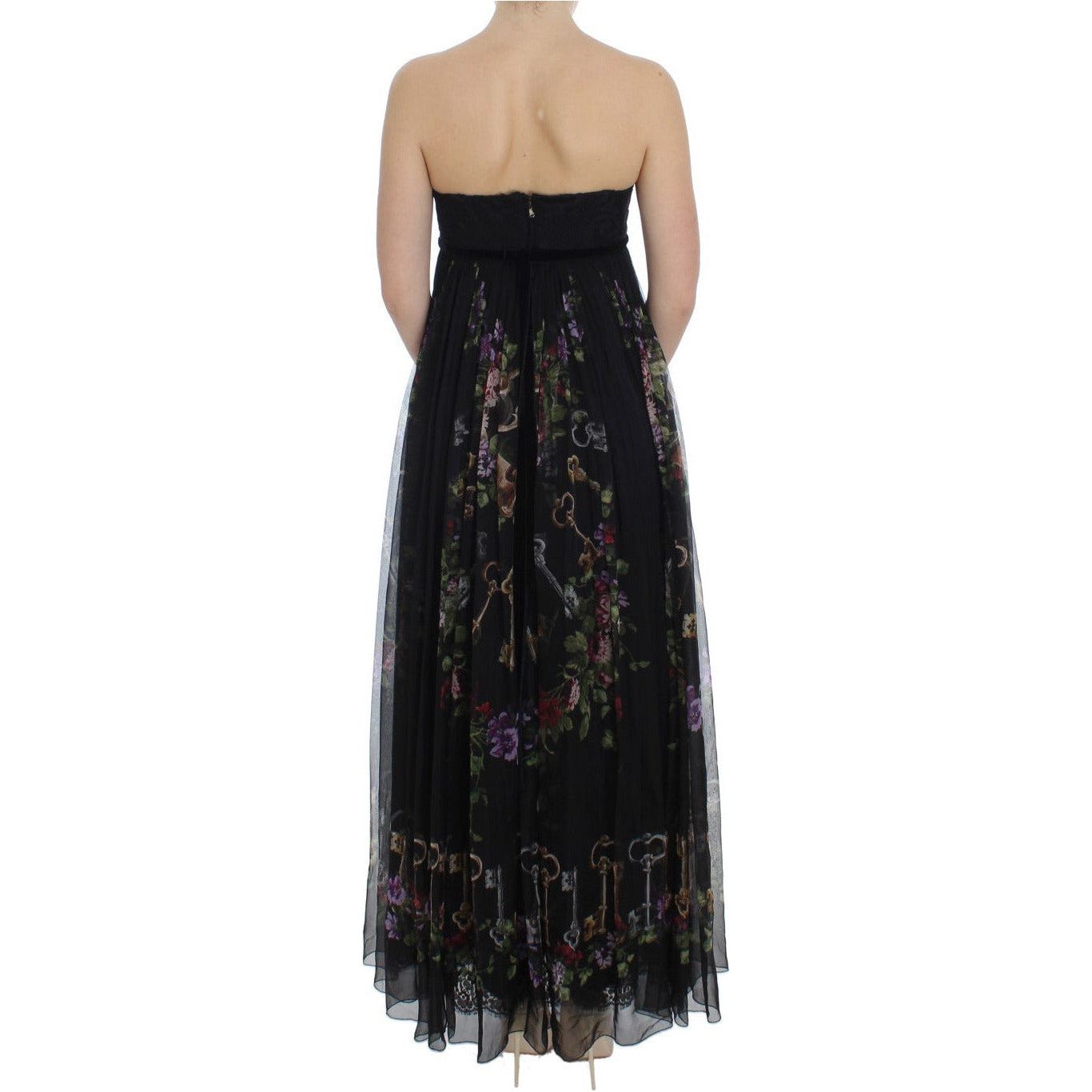 Dolce & Gabbana Multicolor Rose & Key Print Maxi Dress with Crystal black-key-print-silk-crystal-brooch-dress WOMAN DRESSES 180939-black-key-print-silk-crystal-brooch-dress-2.jpg