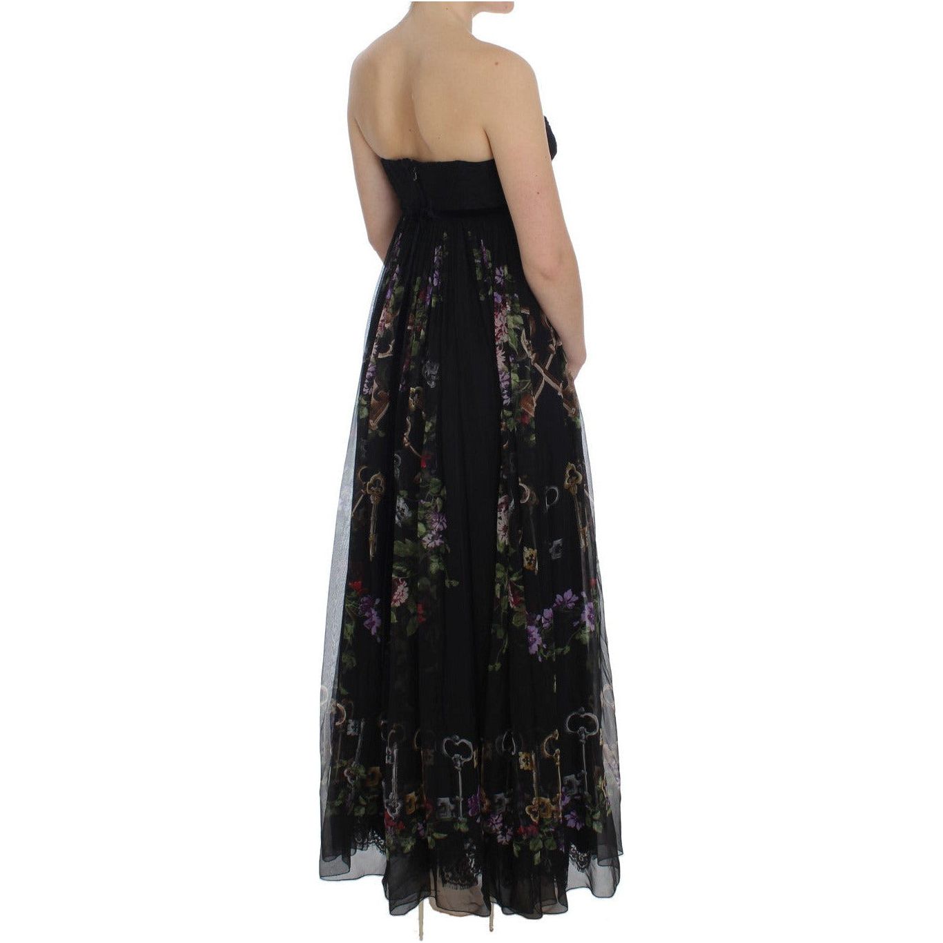 Dolce & Gabbana Multicolor Rose & Key Print Maxi Dress with Crystal black-key-print-silk-crystal-brooch-dress WOMAN DRESSES 180939-black-key-print-silk-crystal-brooch-dress-3.jpg