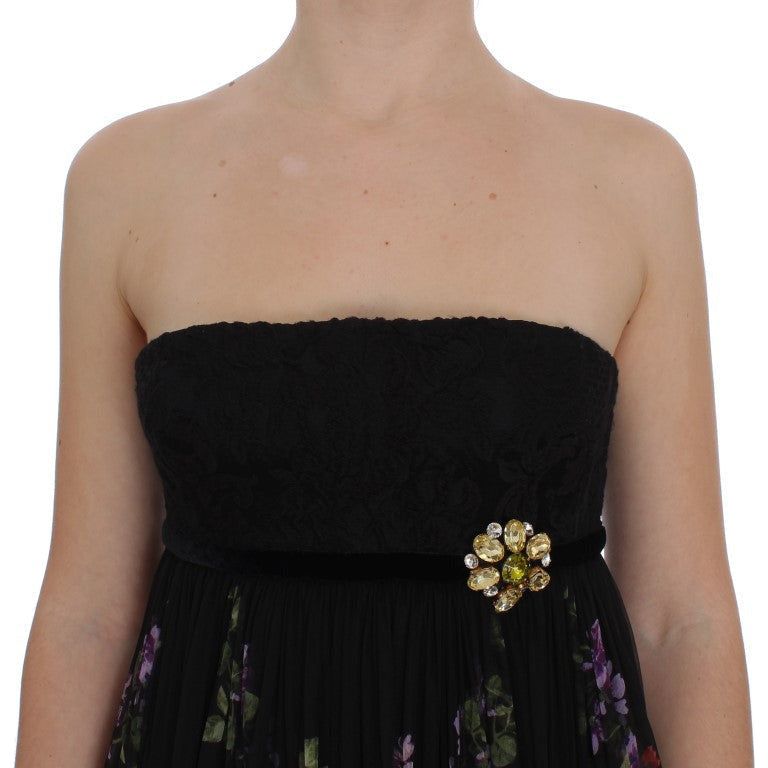 Dolce & Gabbana Multicolor Rose & Key Print Maxi Dress with Crystal black-key-print-silk-crystal-brooch-dress WOMAN DRESSES 180939-black-key-print-silk-crystal-brooch-dress-4.jpg