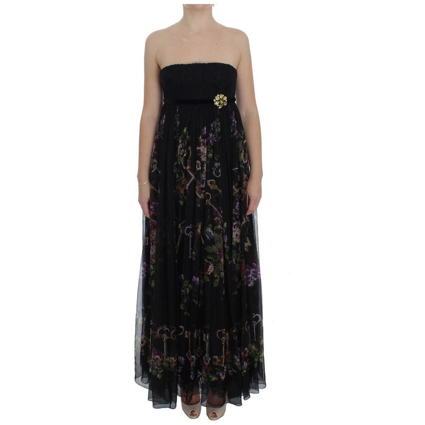 Dolce & Gabbana Multicolor Rose & Key Print Maxi Dress with Crystal black-key-print-silk-crystal-brooch-dress WOMAN DRESSES 180939-black-key-print-silk-crystal-brooch-dress.jpg