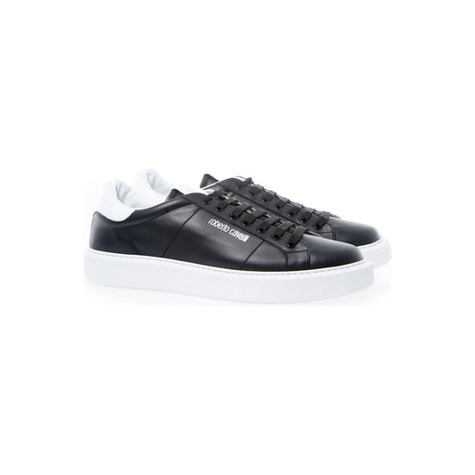 Roberto Cavalli Black Leather Sneakers with Silver Logo black-leather-sneakers-with-silver-logo