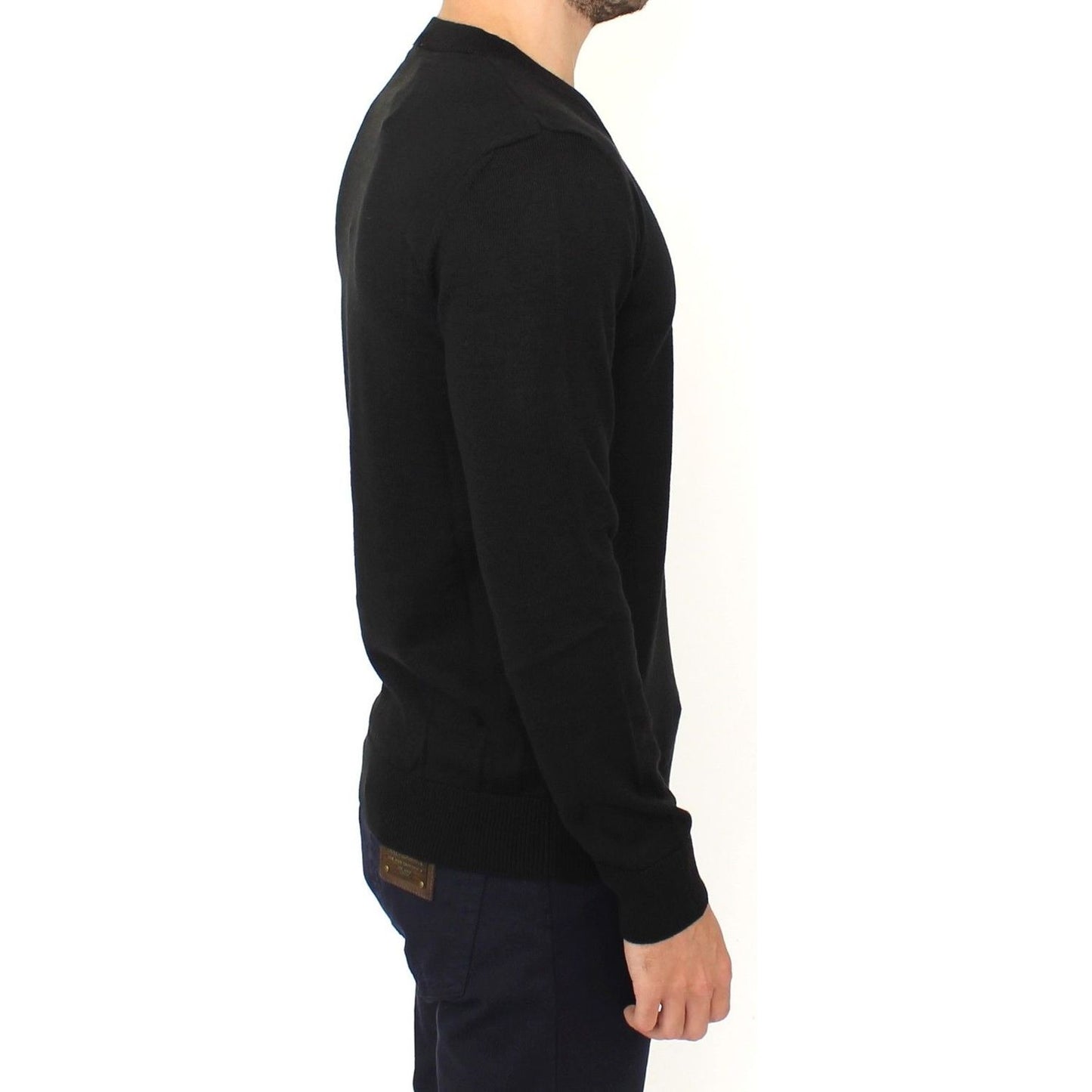 Ermanno Scervino Elegant Black V-Neck Wool Blend Sweater black-wool-blend-v-neck-pullover-sweater 37457-black-wool-blend-v-neck-pullover-sweater-3.jpg