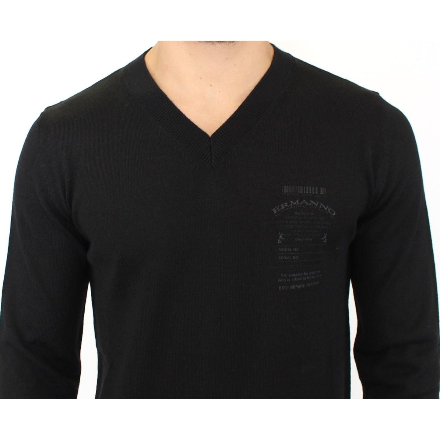 Ermanno Scervino Elegant Black V-Neck Wool Blend Sweater black-wool-blend-v-neck-pullover-sweater 37457-black-wool-blend-v-neck-pullover-sweater-4.jpg