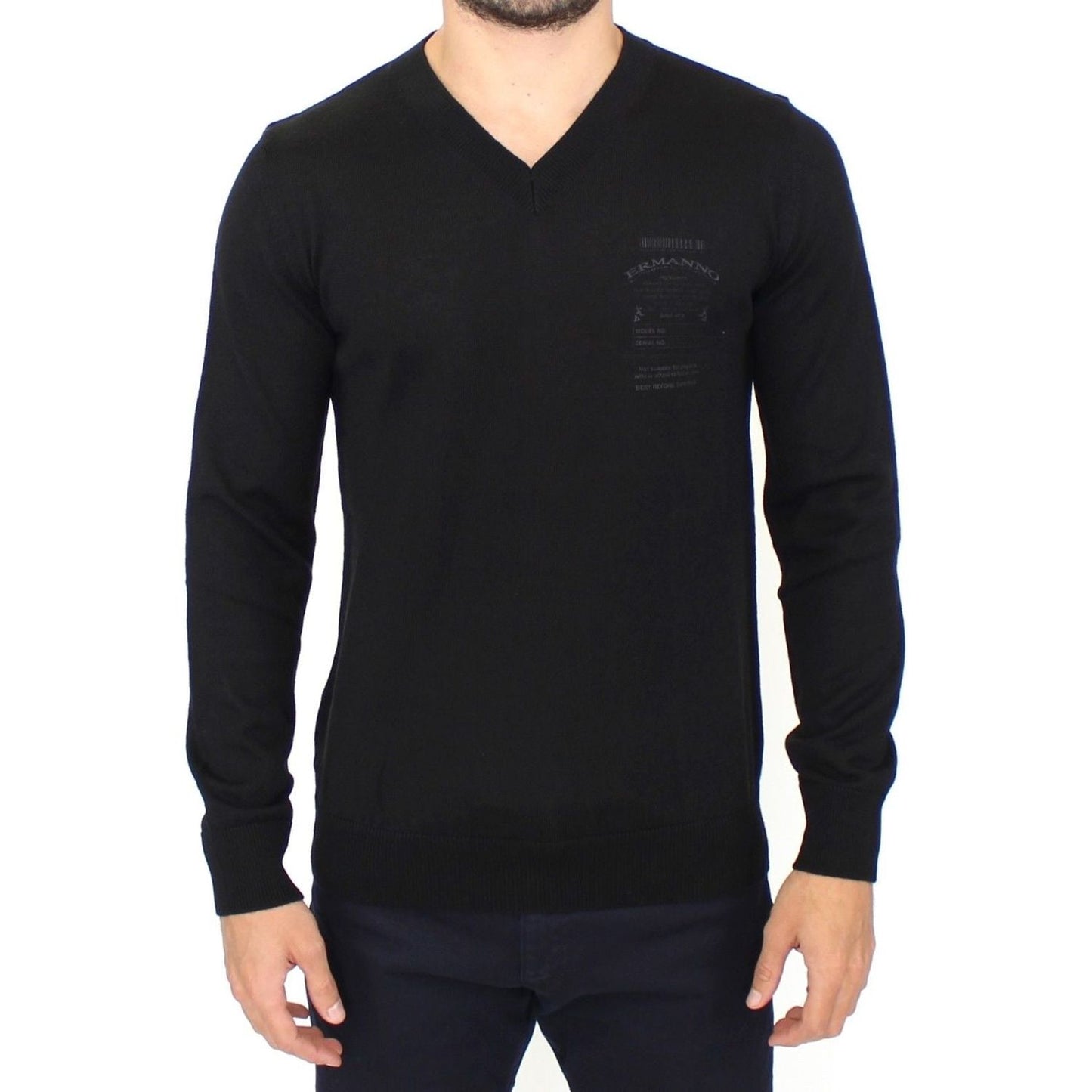 Ermanno Scervino Elegant Black V-Neck Wool Blend Sweater black-wool-blend-v-neck-pullover-sweater 37457-black-wool-blend-v-neck-pullover-sweater.jpg