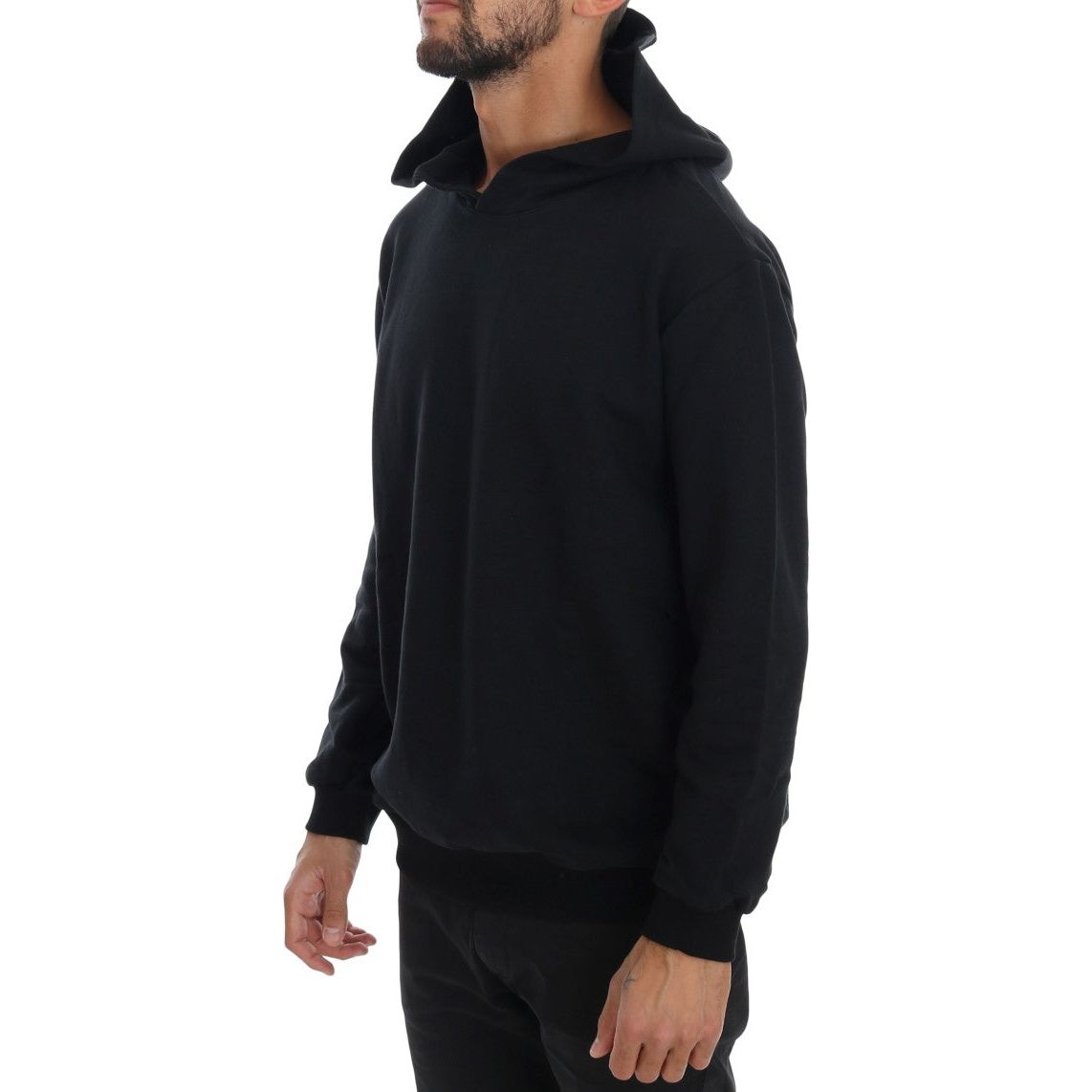 Daniele Alessandrini Elegant Black Cotton Hooded Sweater black-gym-casual-hooded-cotton-sweater 457508-black-gym-casual-hooded-cotton-sweater-1.jpg