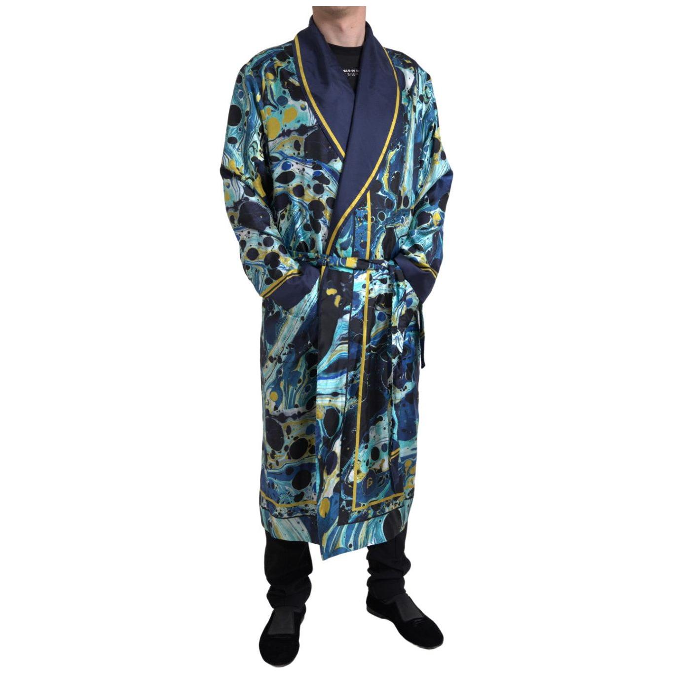 Dolce & Gabbana Marble Blue Silk Long Robe Luxury Sleepwear marble-blue-silk-waist-belt-robe-sleepwear
