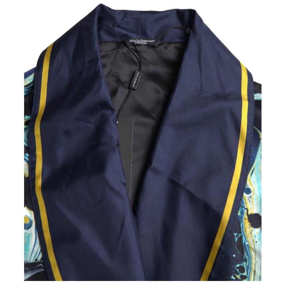 Dolce & Gabbana Marble Blue Silk Long Robe Luxury Sleepwear marble-blue-silk-waist-belt-robe-sleepwear