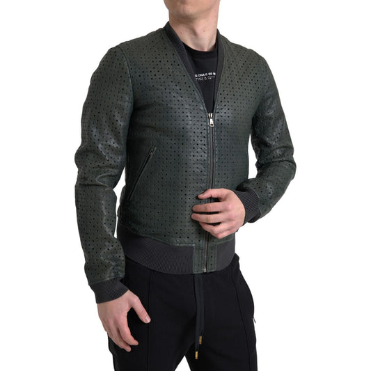 Dolce & Gabbana Emerald Green Goatskin Bomber Jacket green-perforated-leather-bomber-jacket