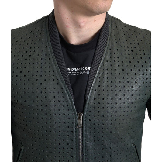 Dolce & Gabbana Emerald Green Goatskin Bomber Jacket green-perforated-leather-bomber-jacket