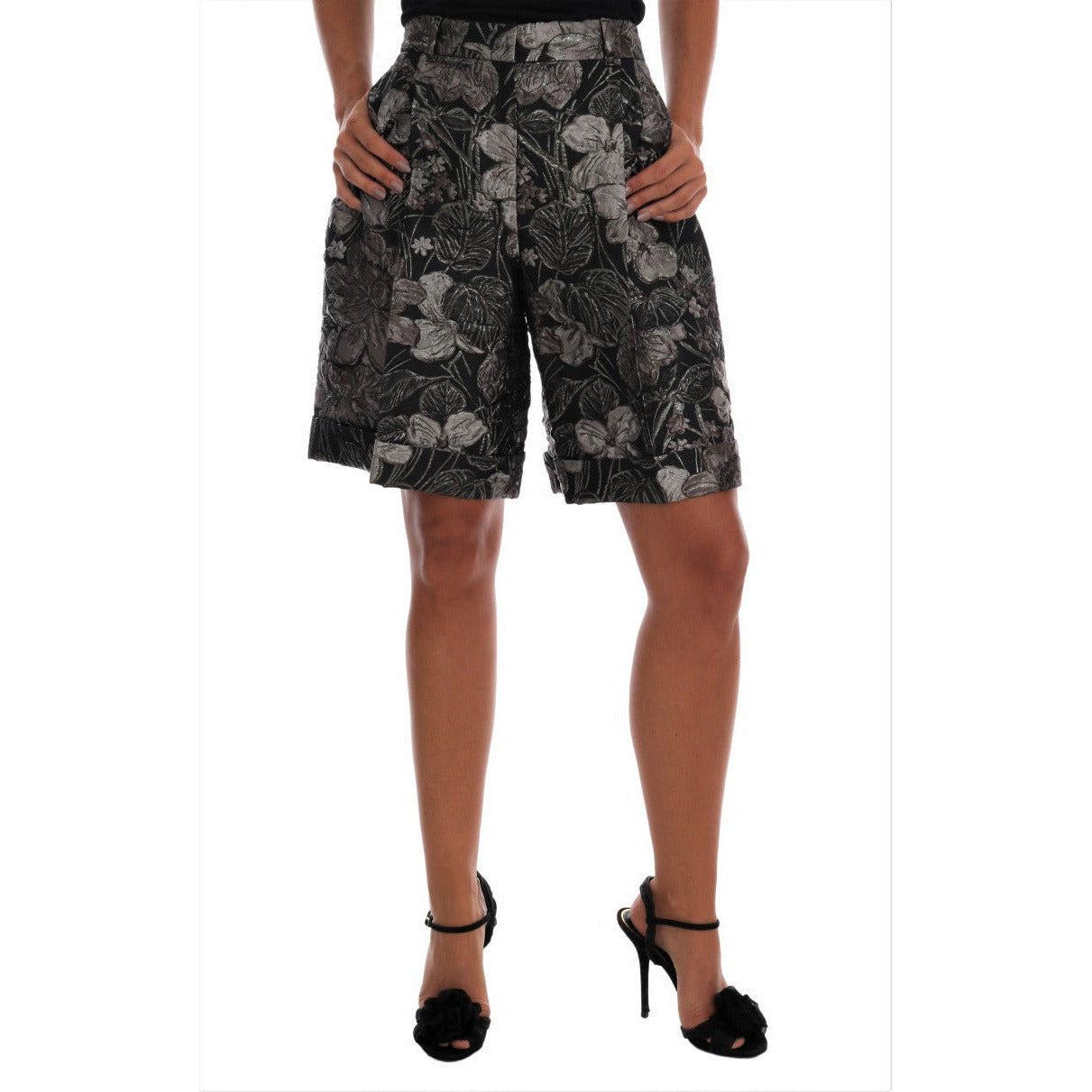 Dolce & Gabbana Elegant High-Waist Brocade Shorts gray-floral-brocade-high-waist-shorts Shorts