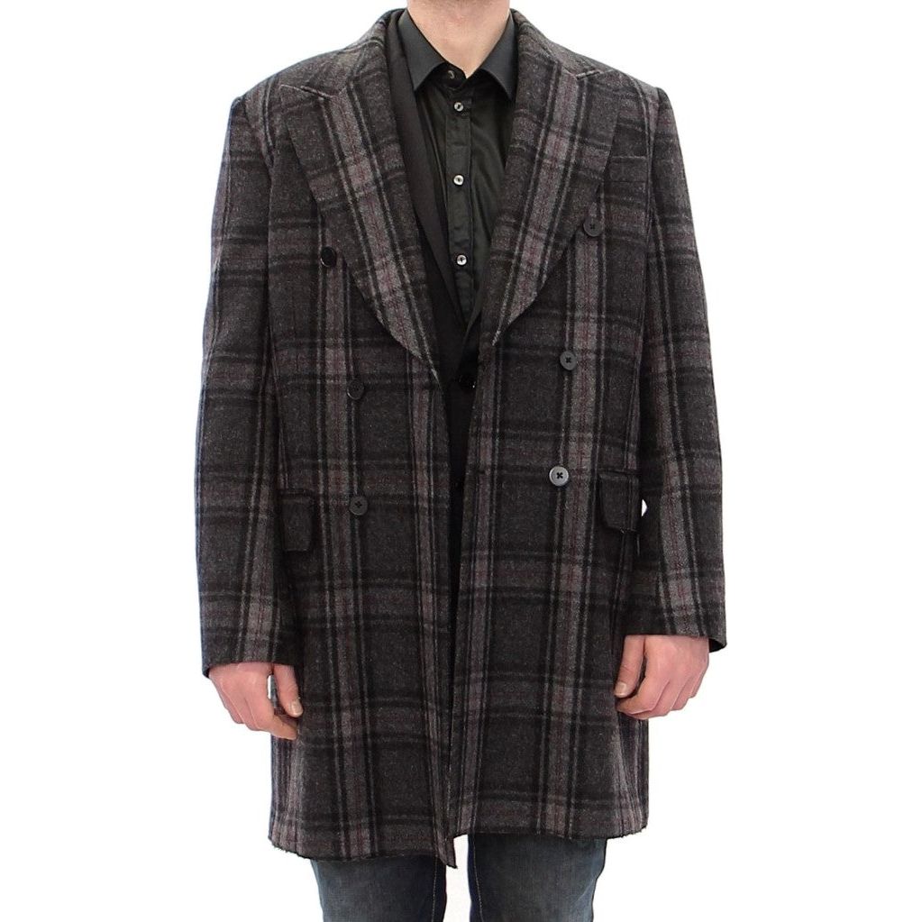 Dolce & Gabbana Sicilia Checkered Wool Blend Coat gray-double-breasted-coat-jacket Coats & Jackets 53557-gray-double-breasted-coat-jacket-1.jpg