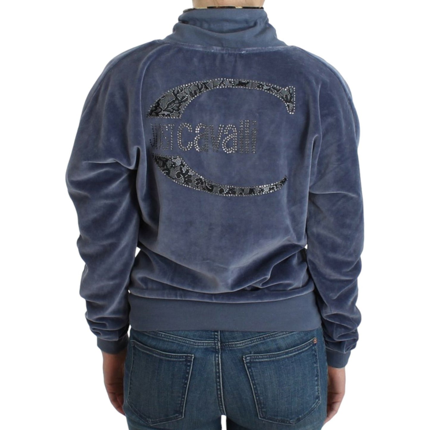 Cavalli Elegant Mock Sweater with Rhinestone Detail blue-velvet-cotton-sweater