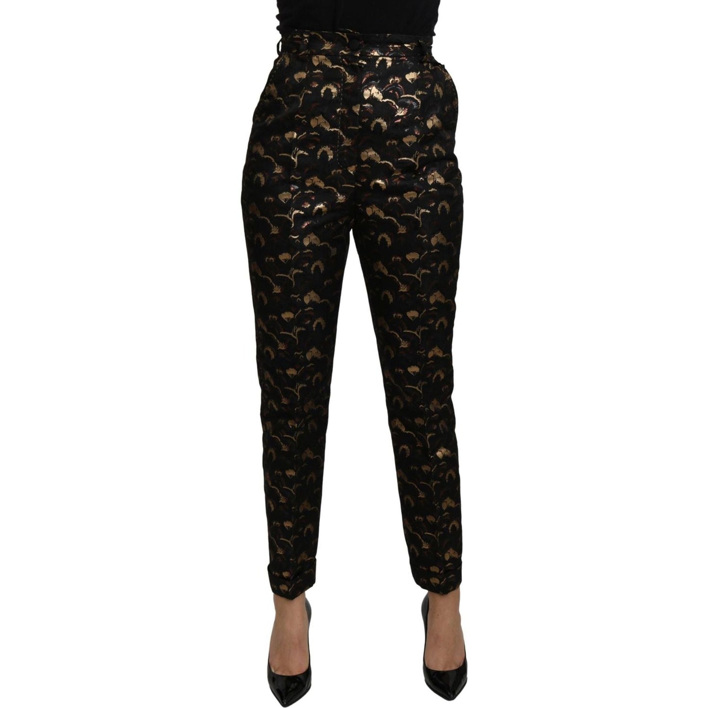 Dolce & Gabbana Elegant High Waist Tapered Brocade Pants black-gold-brocade-high-waist-pants Jeans & Pants