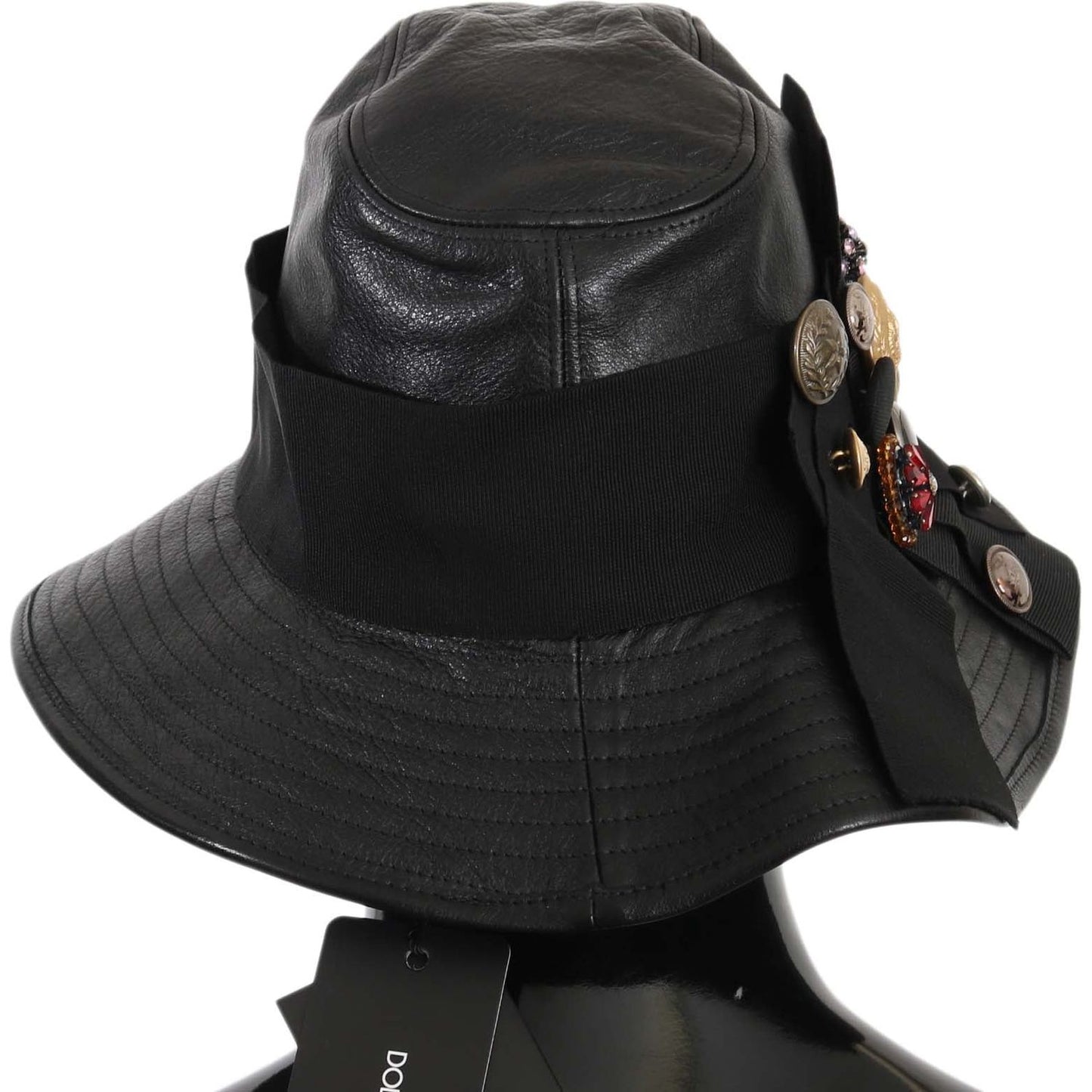 Dolce & Gabbana Black Leather DG Coin Crystal Wide Brim Hat black-leather-dg-coin-crystal-wide-brim-hat Hat IMG_0144-2.jpg
