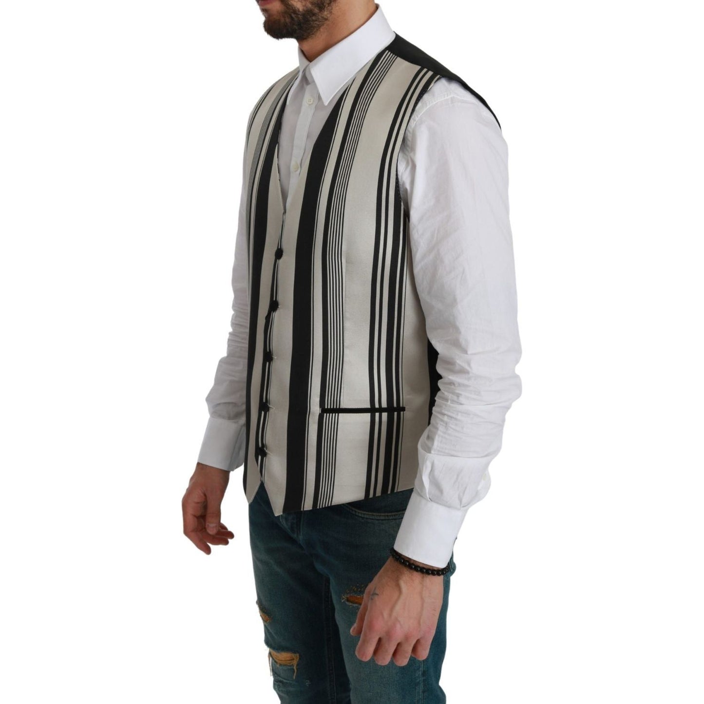 Dolce & Gabbana Stripe Cotton Silk Dress Vest white-black-stripes-waistcoat-formal-vest