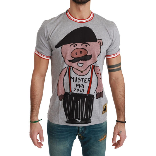 Dolce & Gabbana Chic Gray Cotton T-Shirt with Year of the Pig Motive gray-cotton-top-2019-year-of-the-pig-t-shirt-1