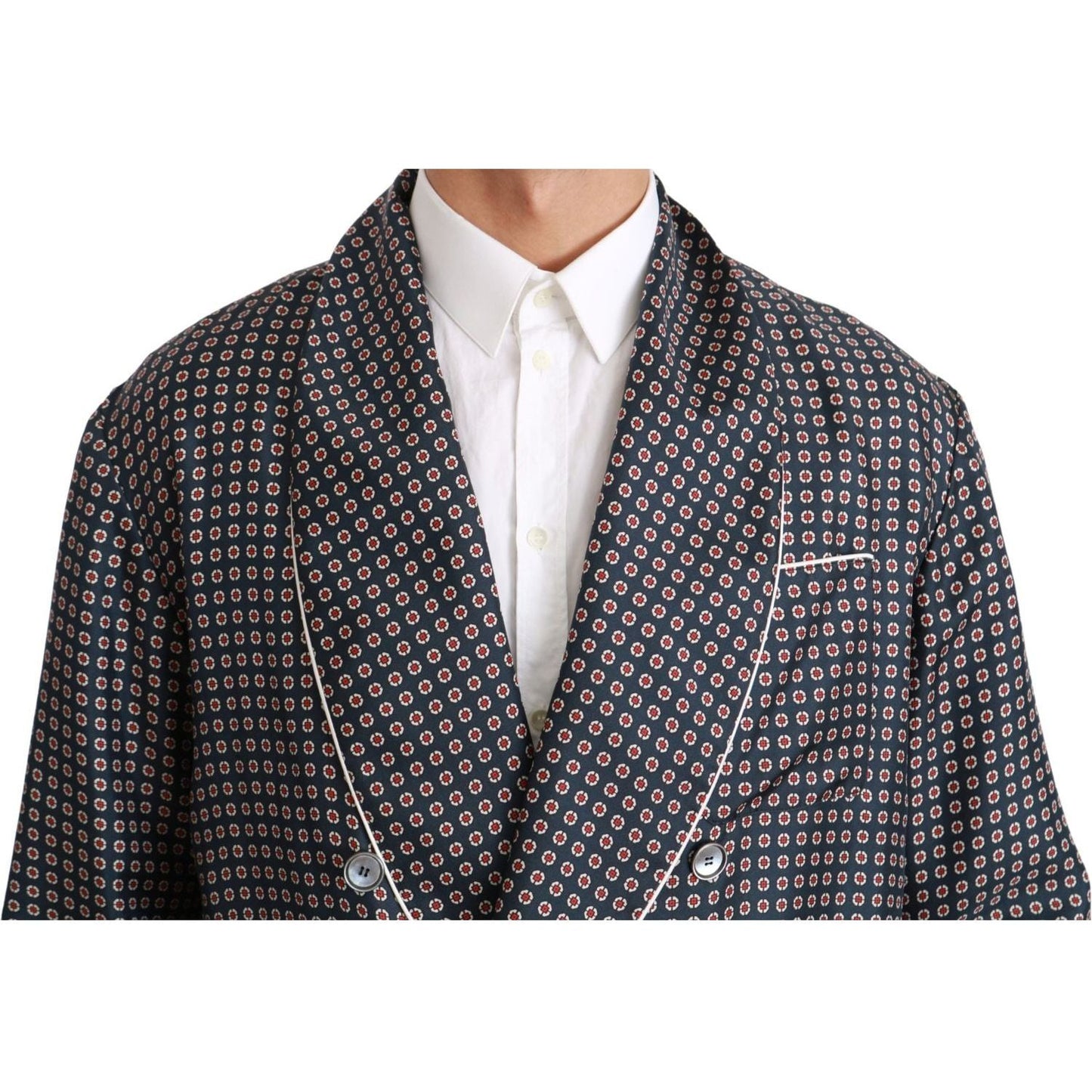 Dolce & Gabbana Elegant Navy Silk Double Breasted Coat Coats & Jackets navy-blue-patterned-double-breasted-coat-jacket