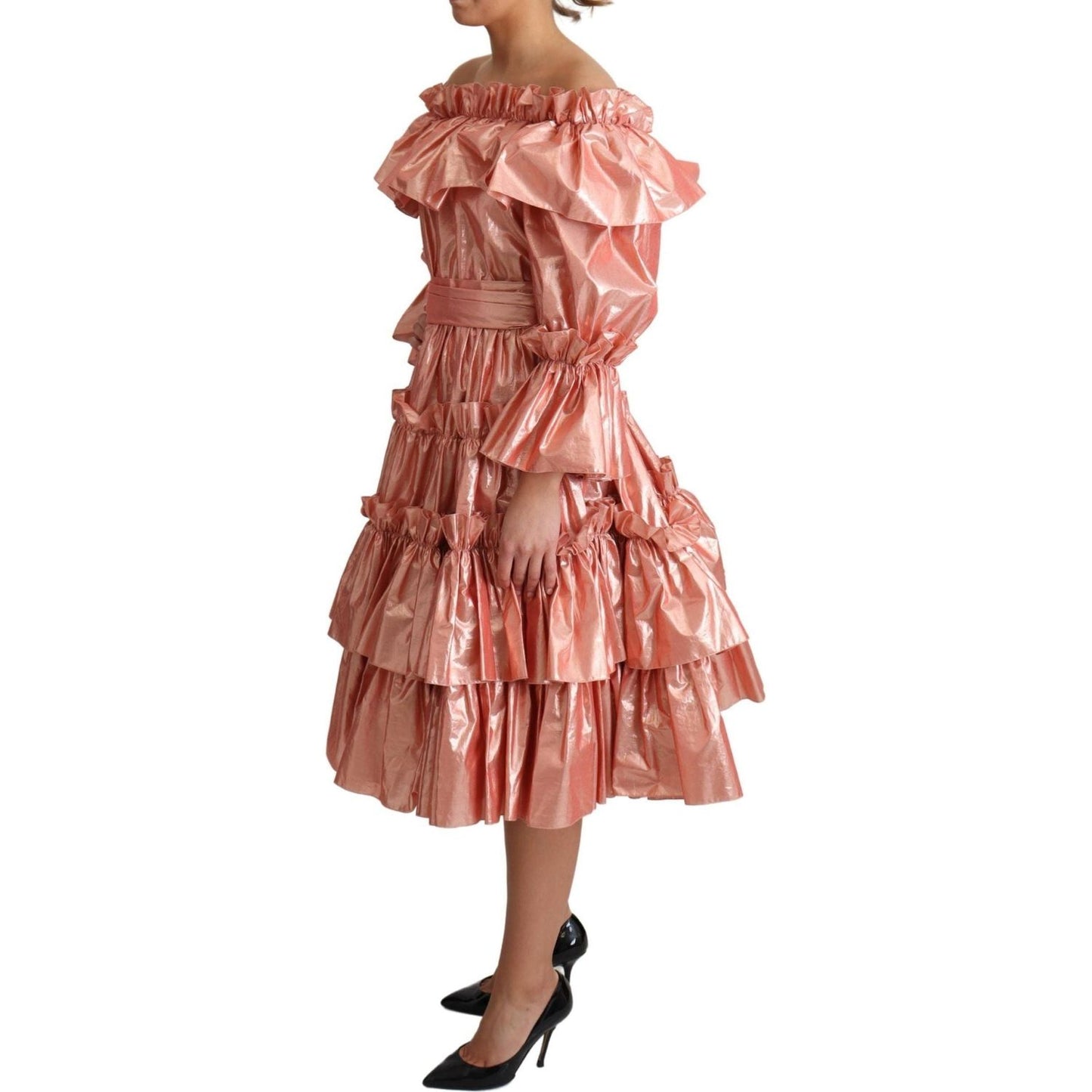 Dolce & Gabbana Pink Metallic Ruffled Gown Elegance pink-ruffled-dress-silk-cotton-gown-dress