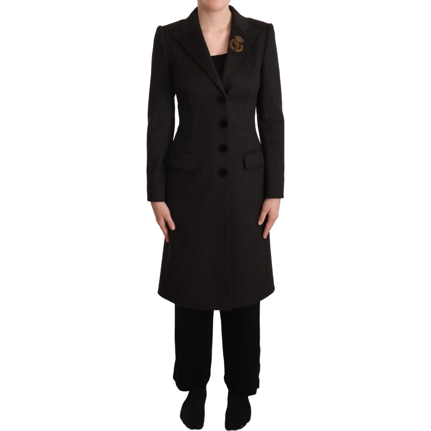 Dolce & Gabbana Gray Wool Cashmere Coat Crest Applique Jacket gray-wool-cashmere-coat-crest-applique-jacket IMG_1300-scaled-786c3c48-201.jpg