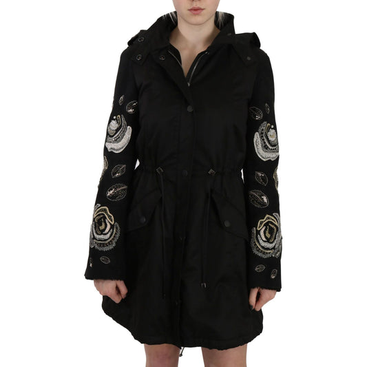 John Richmond Elegant Black Beaded Parka Jacket for Women floral-sequined-beaded-hooded-jacket-coat Coats & Jackets