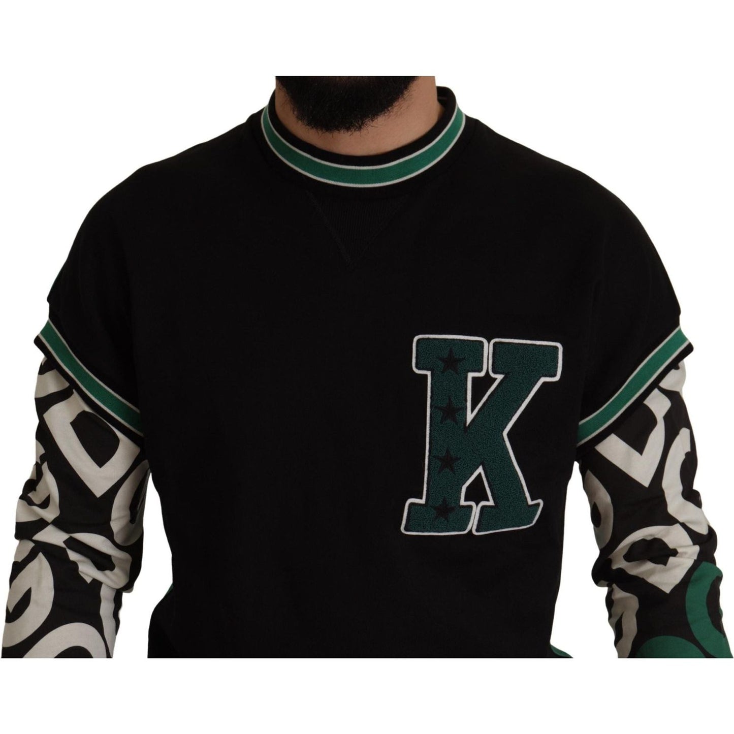 Dolce & Gabbana Regal Crewneck Pullover Sweater - Black & Green black-green-cotton-king-star-crewneck-pullover-sweater