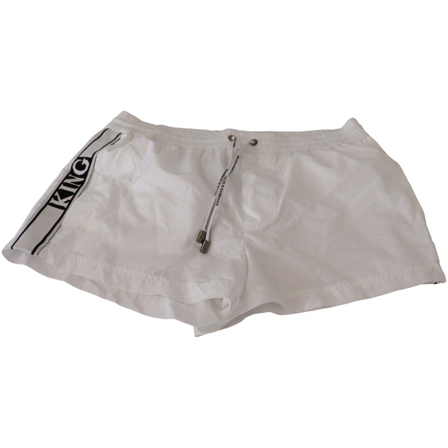 Dolce & Gabbana Elegant White KING Motive Swim Trunks white-king-mens-beachwear-swimwear-shorts