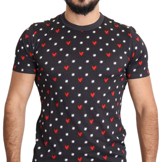 Dolce & Gabbana Chic Gray Cotton T-Shirt with Heart Prints dark-gray-hearts-print-cotton-men-t-shirt