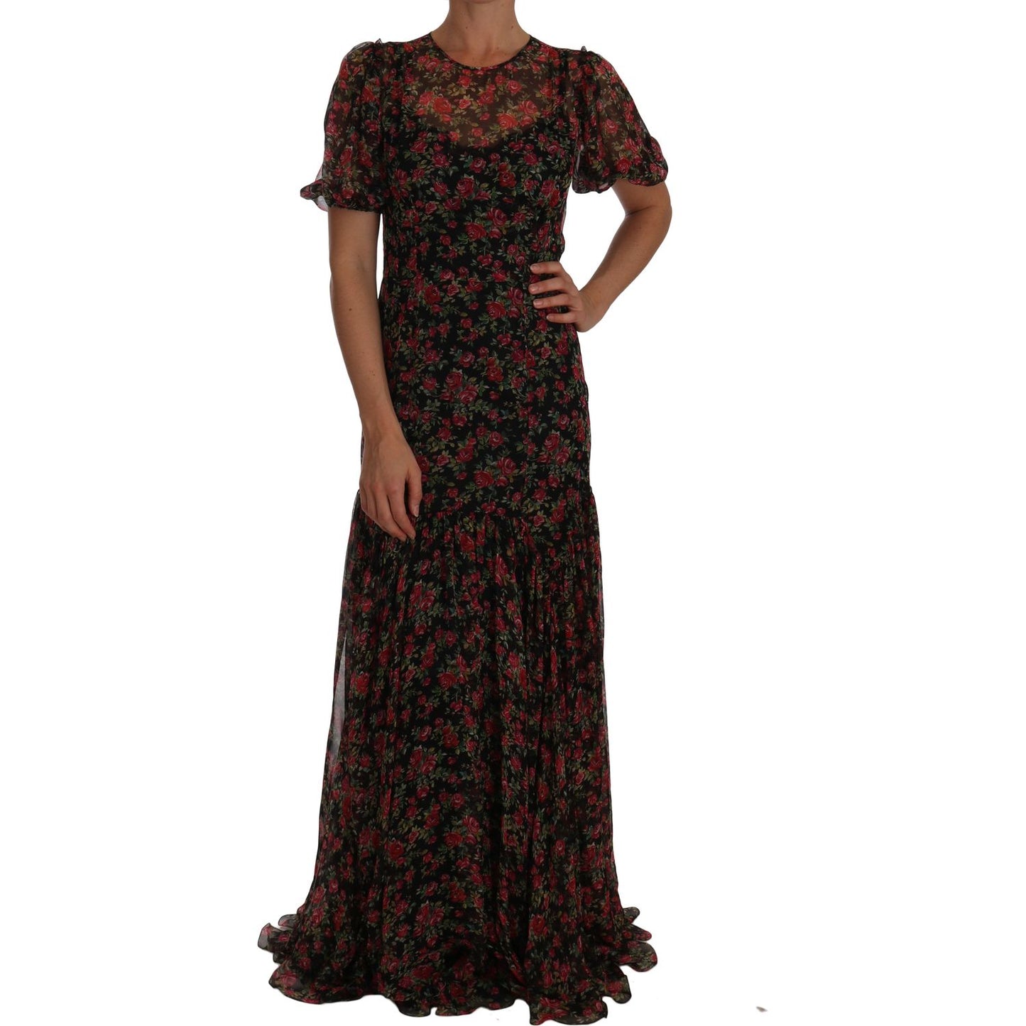 Dolce & Gabbana Elegant Floral A-Line Silk Dress black-floral-roses-a-line-shift-gown IMG_4346.jpg