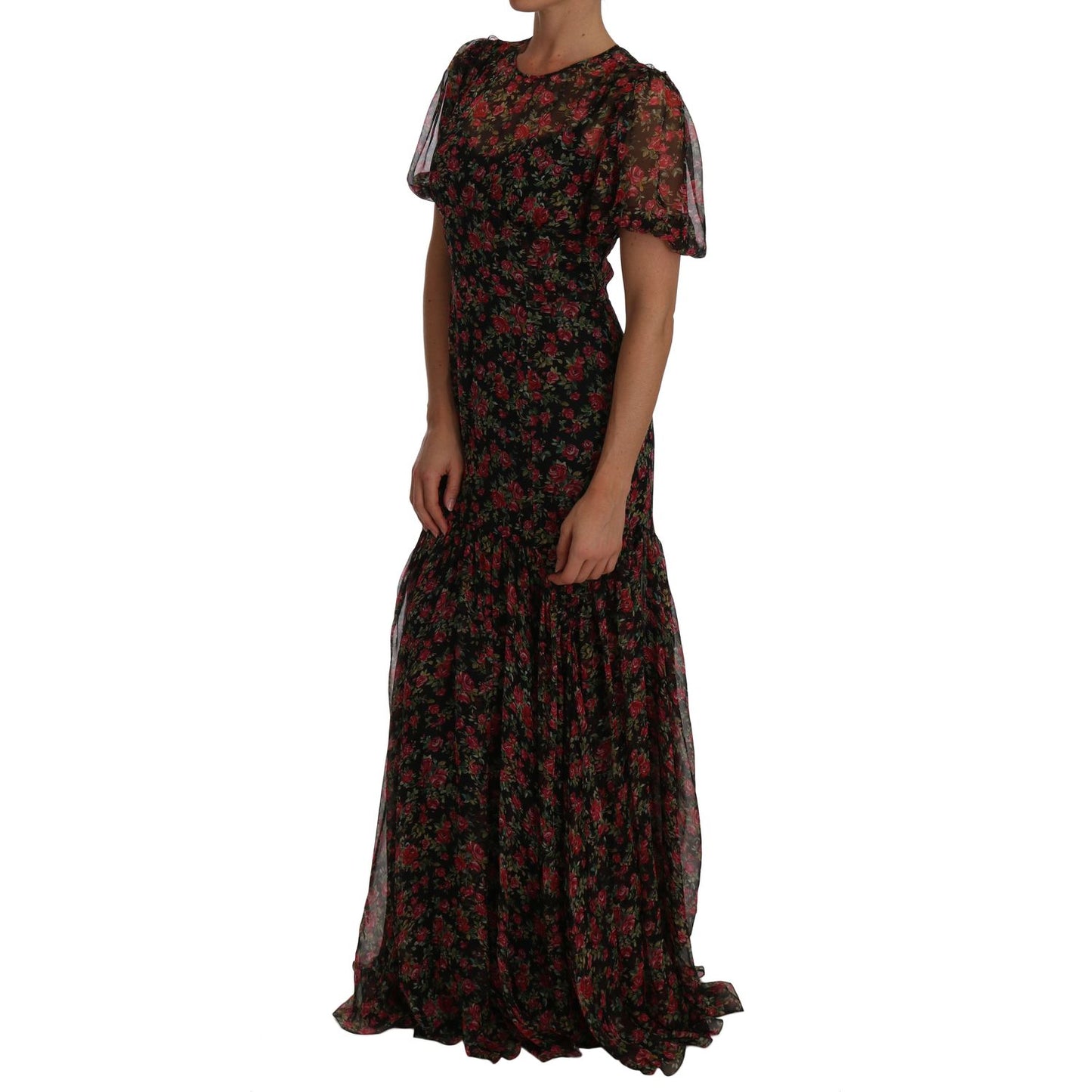 Dolce & Gabbana Elegant Floral A-Line Silk Dress black-floral-roses-a-line-shift-gown IMG_4347.jpg