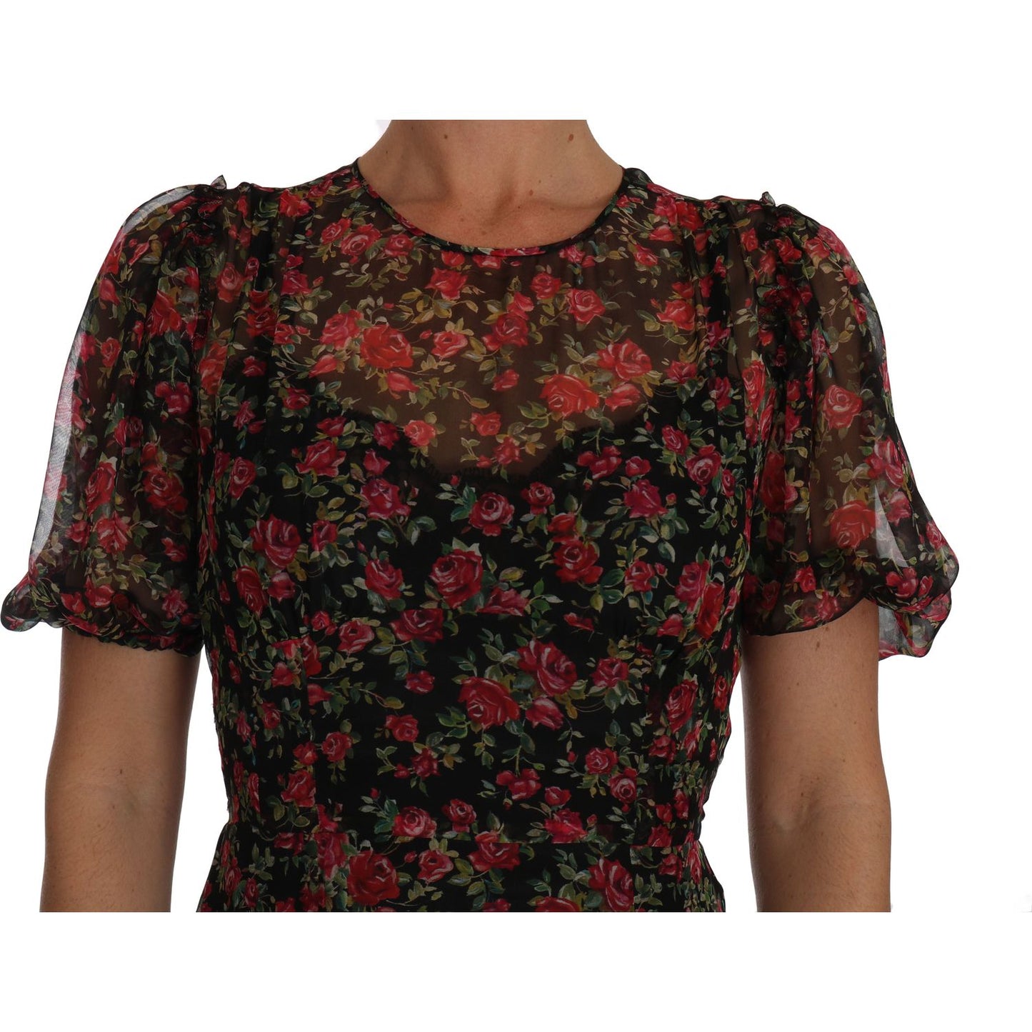 Dolce & Gabbana Elegant Floral A-Line Silk Dress black-floral-roses-a-line-shift-gown IMG_4349.jpg