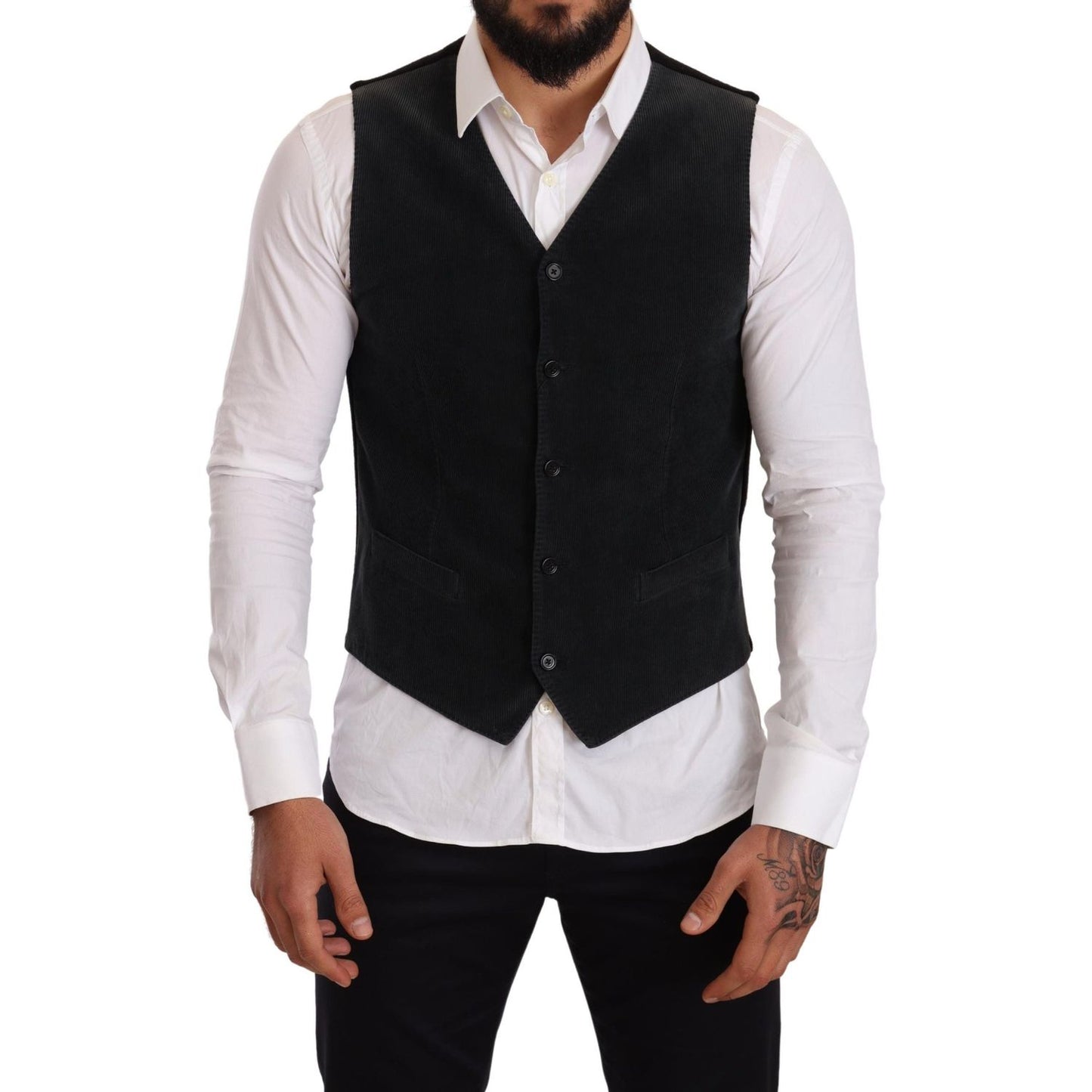 Dolce & Gabbana Elegant Black Cotton Formal Dress Vest black-cotton-single-breasted-waistcoat Vest Jacket