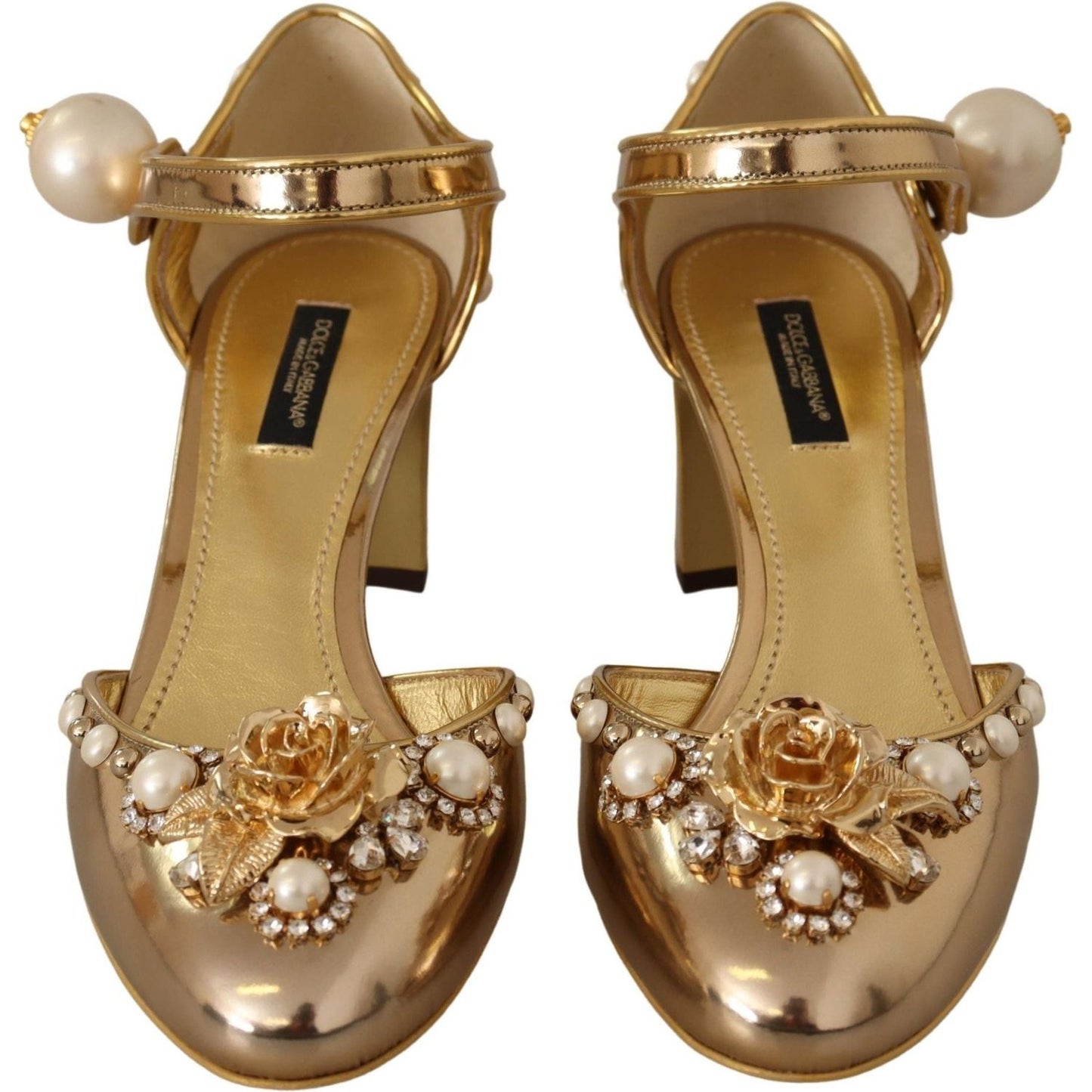 Dolce & Gabbana Elegant Gold Leather Block Heels with Crystals gold-leather-studded-crystal-ankle-strap-shoes IMG_6003-676d531c-fb4.jpg
