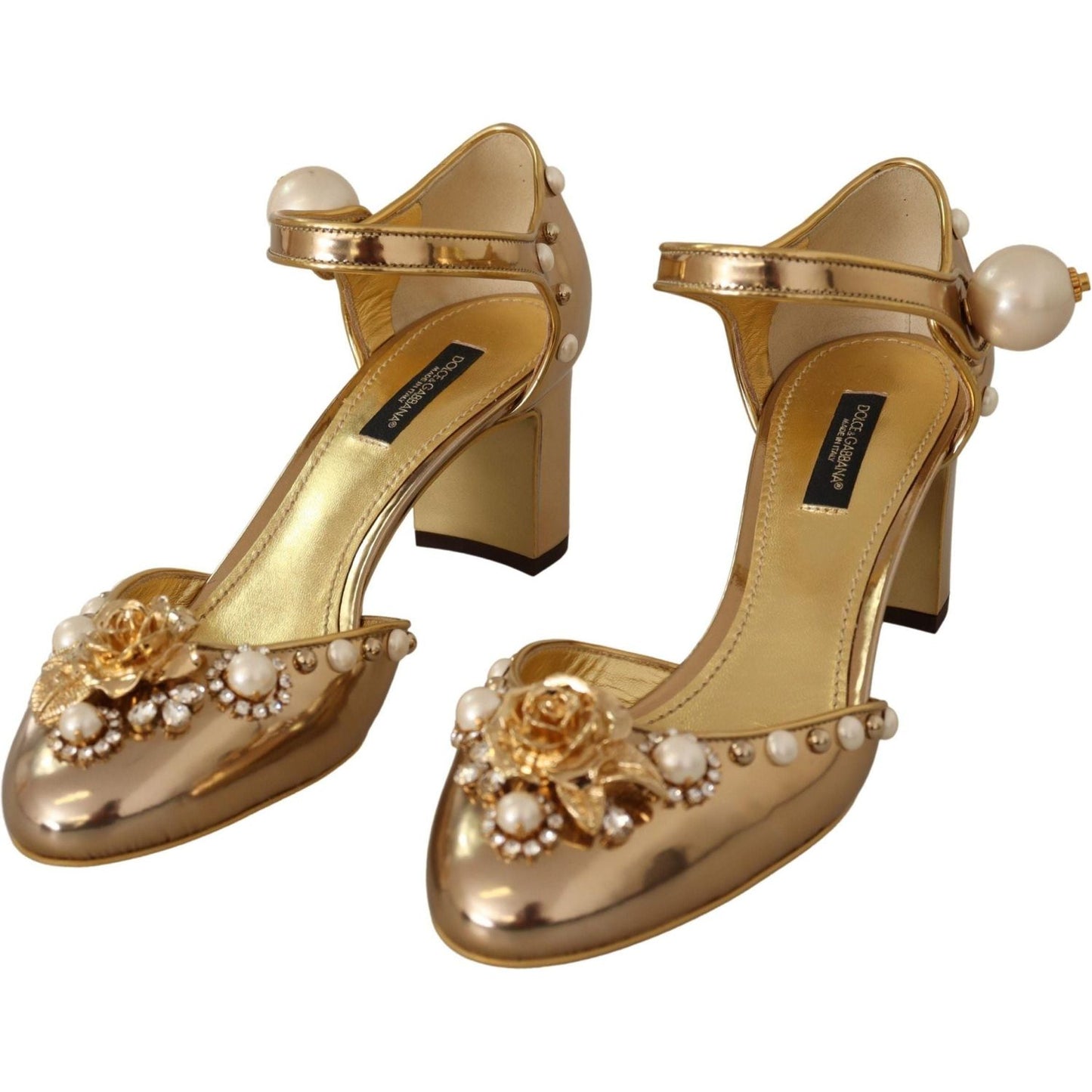 Dolce & Gabbana Elegant Gold Leather Block Heels with Crystals gold-leather-studded-crystal-ankle-strap-shoes IMG_6004-scaled-cb22d21b-05a.jpg