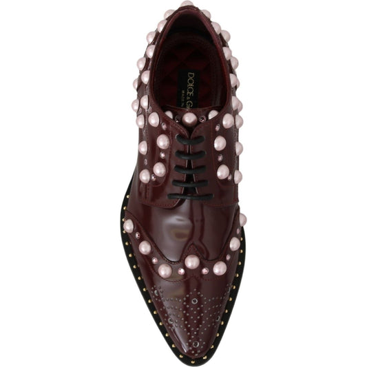 Dolce & Gabbana Elegant Bordeaux Lace-Up Flats with Pearls and Crystals bordeaux-leather-crystal-pearls-formal-shoes IMG_6470-b1541a91-92a.jpg