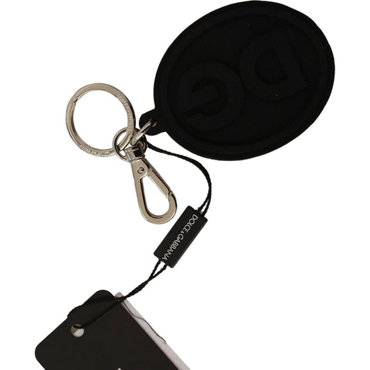 Chic Black Rubber & Brass Logo Keychain
