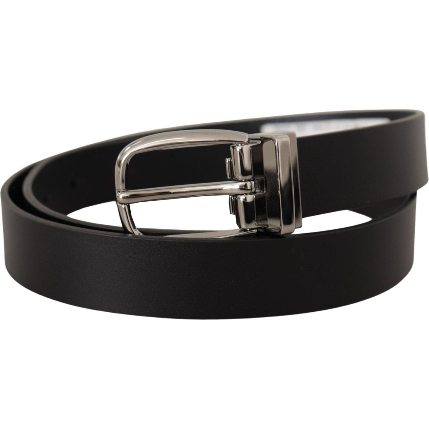 Elegant Black Leather Belt with Silver Tone Buckle