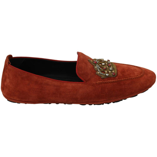 Dolce & Gabbana Elegant Orange Leather Moccasin Slippers orange-leather-moccasins-crystal-crown-slippers-shoes IMG_7330-scaled-47053407-47f.jpg