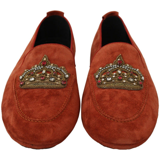 Dolce & Gabbana Elegant Orange Leather Moccasin Slippers orange-leather-moccasins-crystal-crown-slippers-shoes IMG_7336-b9617310-cbe.jpg
