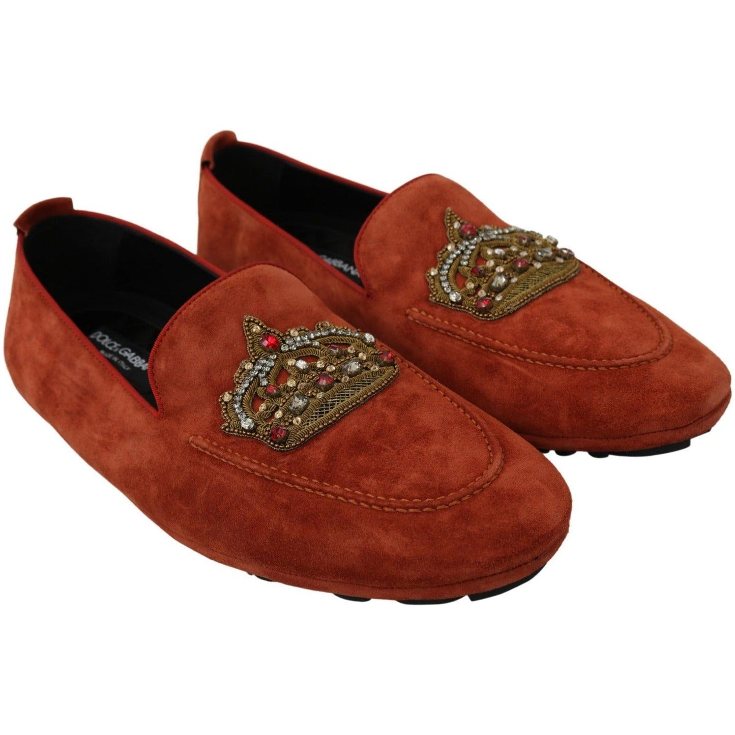 Dolce & Gabbana Elegant Orange Leather Moccasin Slippers orange-leather-moccasins-crystal-crown-slippers-shoes