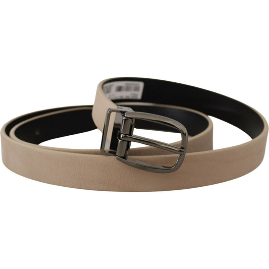Elegant Beige Leather Belt with Silver Tone Buckle