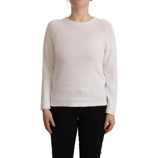 Alpha Studio Elegant White Cotton Pullover Sweater white-long-sleeves-crewneck-pullover-sweater